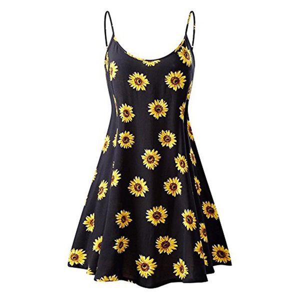 

off shoulder sunflower dress women v neck spaghetti strap sleeveless mini dress 2021 autumn beach short dress femme, Black;gray