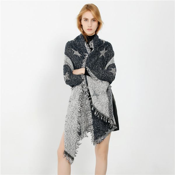 

autumn and winter 2020 street trip warm simple star pattern shawl girl, Blue;gray