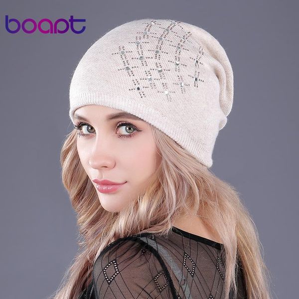 

boapt] diamond double-deck wool knitted thick women's winter hats folds skullies beanies caps for girls beanie warm female hat, Blue;gray