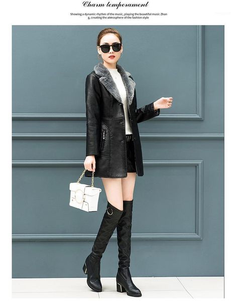 

women's leather coat mid-length 2021 autumn and winter korean version of thin and thick leather windbreaker fur coat1, Black