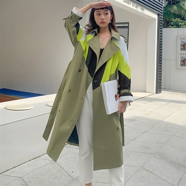 

[ewq] long double-breasted belt loose lady clothes autumn outwear high qulity fashion brand new women patchwork trench coat 201031, Tan;black