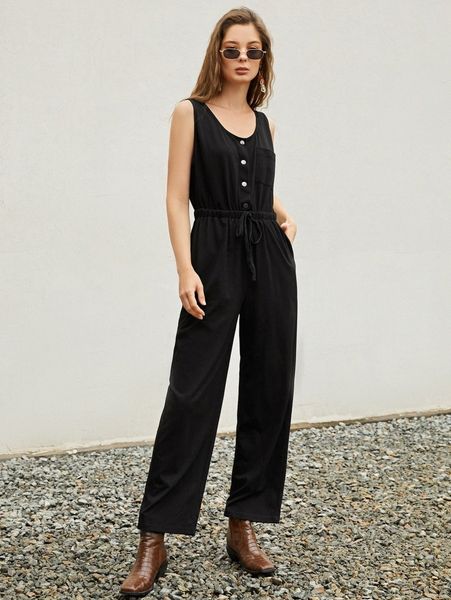 

drawstring waist hidden pocket jumpsuit d2gt#, White