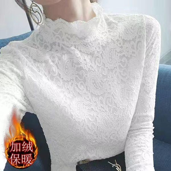 

warm velvet women lace bottoming blouse autumn and winter sweet small shirt turtleneck long-sleeved tee shirts femme, White