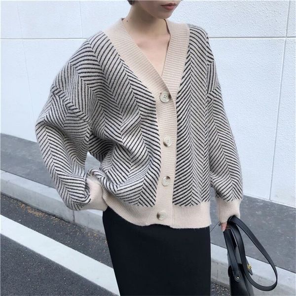 

korean retro lazy wind v-neck single-breasted loose irregular diamond texture cardigan sweater coat female 201202, White;black