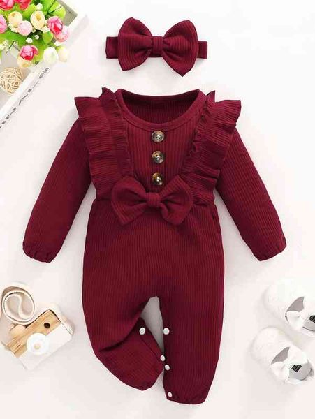 

baby ruffle trim fake button bow jumpsuit & headband she, Blue