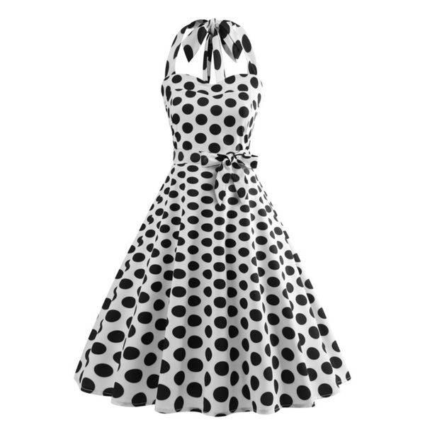 

big women's swing hepburn style hanging neck wrapped chest lace up waist wave dot print dress, Black;gray