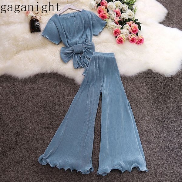 

gaganight 2019 casual 2 piece set women two pieces set short sleeve chiffon blouse flare ruffle wide leg pants suit thin outfits x0923, Gray