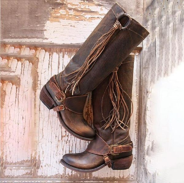 

winter knee high boots women pu leather mid heels riding boots fashion buckle strap fringe shoes zapatos mujer chaussures femme1, Black