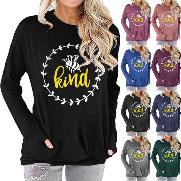 

осень лучшие продажи женщин свитер bee be kind письмо printed dolman рукава круглый шею длинным рукавом футболки, Black