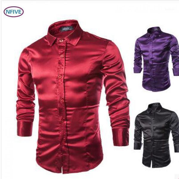 

nfive brand 2021 men's spring imitation silk bright face casual men solid color slim sleeves fashioncamisas fit, White;black