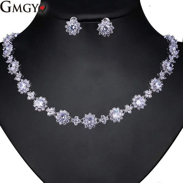 

gmgyq zircons 2 stks cz groene kristal armband ketting en oorbellen sets luxe vrouwen bruiloft accessoires bruid sieraden set, Silver