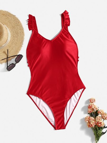 

plus frill trim caged back one piece swimsuit 41qt#, Black