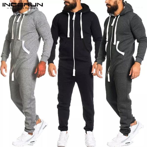 

long sleeve hooded causal pants rompers incerun mens leisure solid jumpsuits fashion zipper pockets bib pants mens jumpsuit 5xl1, Black