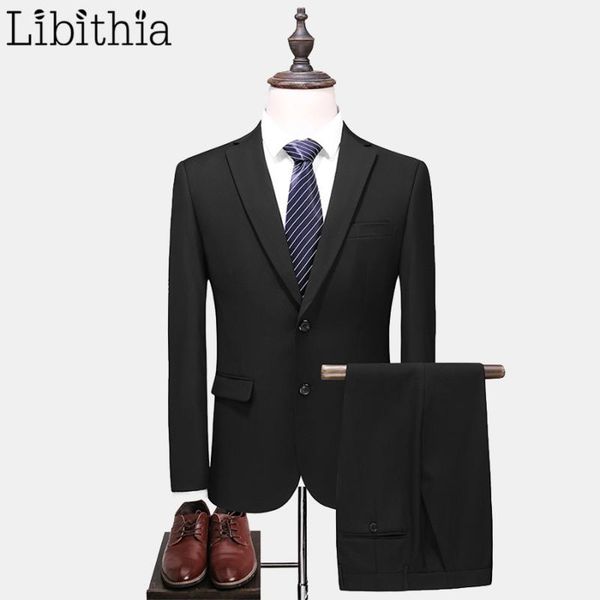 

fleece men 2 pieces two buttons suits casual solid color slim fit jacket pant classic all-season clothes big size 4xl black f114, White;black