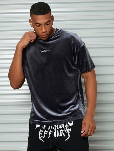 

men letter embroidery drop shoulder tee l91l#, White;black