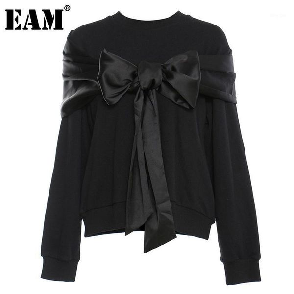 

eam] loose fit black bandage bow sweatshirt new round neck long sleeve women big size fashion tide spring autumn 2020 1dc6791