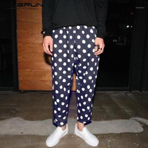 

incerun casual polka dot print pants men fashion elastic waist stage trousers high street hip-hop loose pants men bottoms 20191, Black