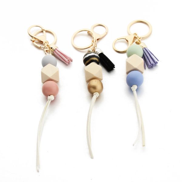 

wood beads keychain multicolor geometric wood beads tassel keyring for bag leopard striped cow round wooden beads keyrings gifts, Silver