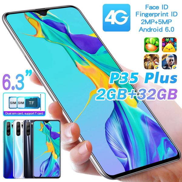 

p35plus перекрестный расширение android smartphone 6,3 дюйма большая память 2 32 водопада hd 4g смартфон бесплатная доставка