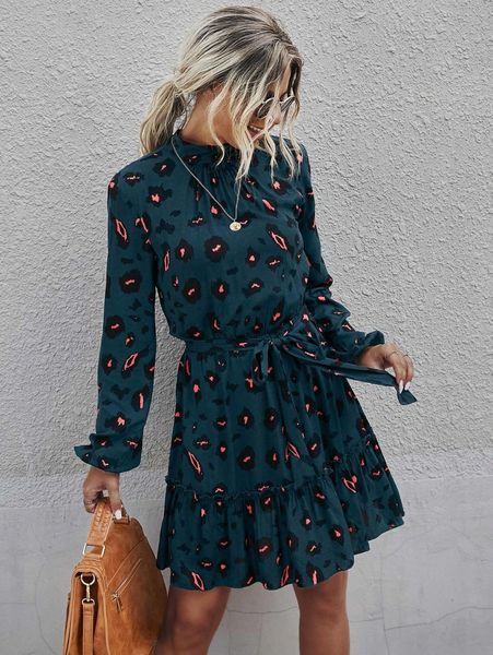 

allover print tie back ruffle hem belted dress x4mz#, Black;gray