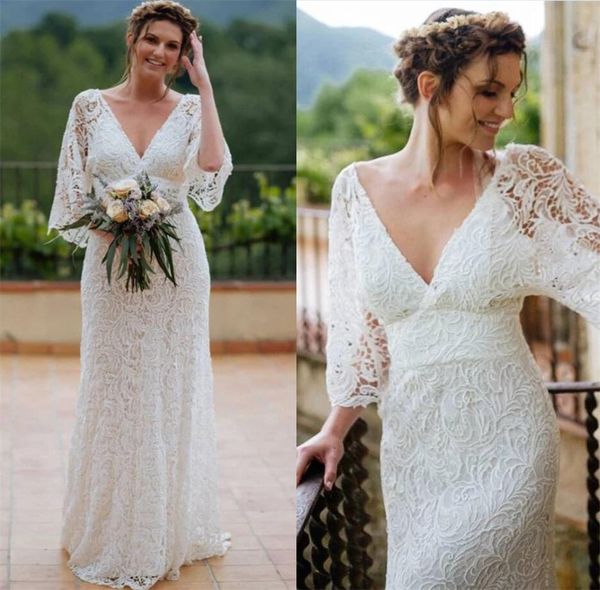 

elegant full lace 2021 wedding dresses column v neck half sleeves floor length bridal gowns summer beach australia outdoor marriage dress, White