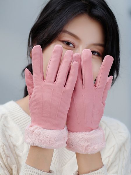 

women' damp suede thickened warm riding autumn and winter touch screen plush five finger student gloves, Blue;gray