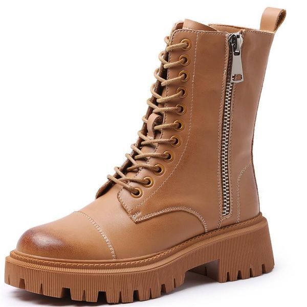 

boots rasmeup mid-calf platform 2021 brand genuine leather for woman lace up chunky out sole women winter shoes, Black