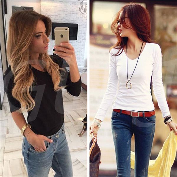 

new basic t shirt women long sleeve womens spring autumn tee shirt women korean style t cotton new plus size tshirt, White