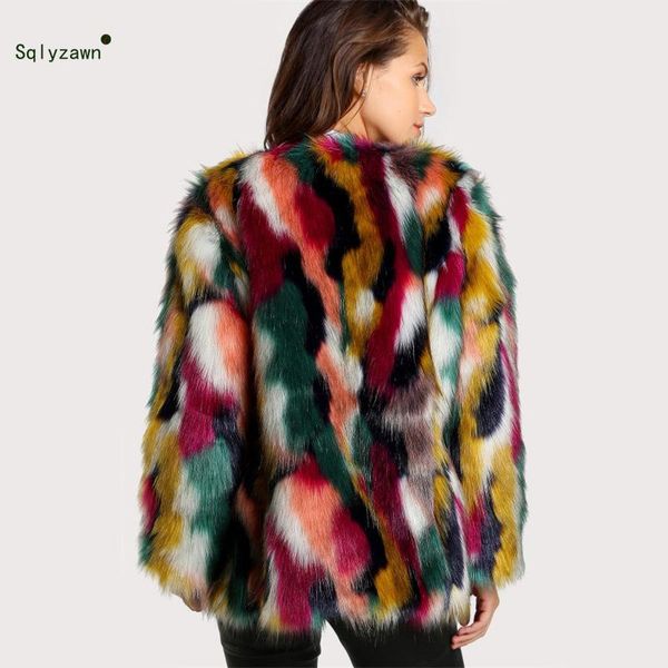 

winter women faux fur colorful long sleeve coats 2020 female ladies elegant collarless furry fleece warm shaggy jacket plus size, Black