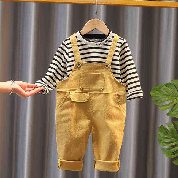 İlkbahar Sonbahar Bebek Giysileri Takım Elbise Bebek Kız Erkek Giyim Setleri Moda T Gömlek Tulum Önlük Pantolon 2 adet / takım Çocuk Çocuk Kostüm G220310