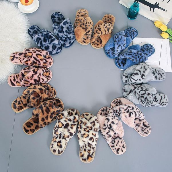

women's winter slippers cute leopard print women warm plush woman slip on flat female soft shoes ladies comfortale house shoe1, Black