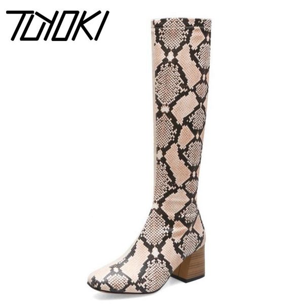 

tuyoki plus size 32-48 women knee boots fashion plush fur warm winter shoes women zipper high heel long boot snake footwear, Black