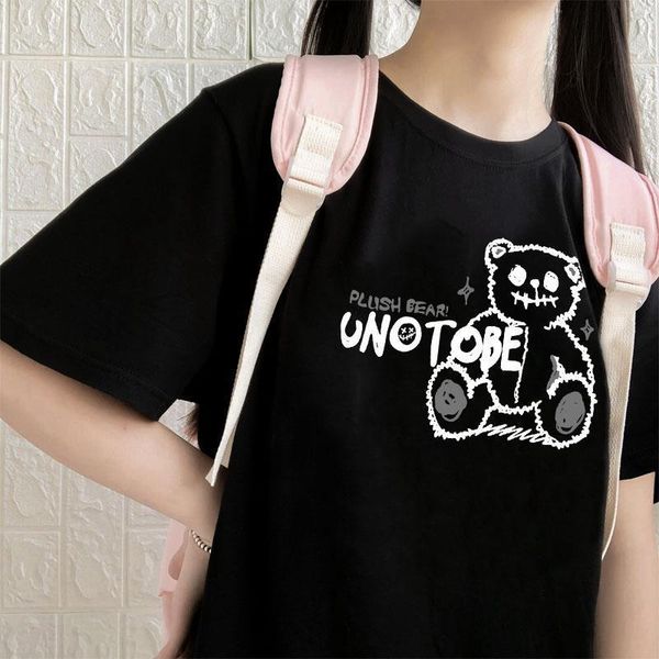 

gothic harajuku streetwear letter cartoon bear print casual cute loose vintage ulzzang summer chic fun hip hop women t-shirt, White