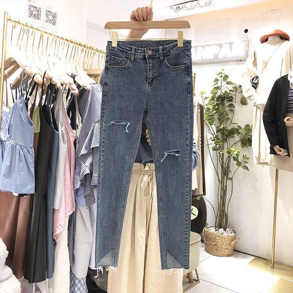 

women's jeans 2021 autumn hole vintage korean casual skinny denim trousers female fashion ladies blue pencil pants1