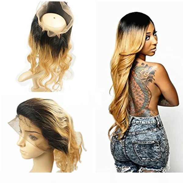 

360 full lace frontal closure #1b 27 dark roots honey blonde ombre brazilian remy human hair extension body wave swiss lace, Black