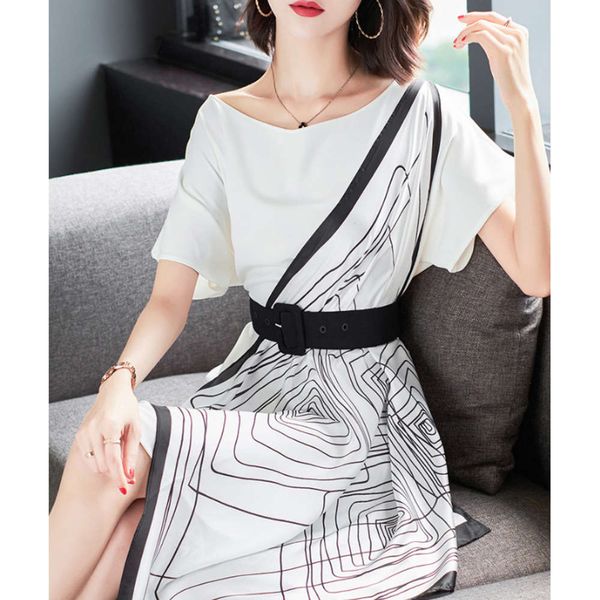 

drs 2019 new summer temperament french small collection waist show thin medium length printed skirt fashion, Black;gray