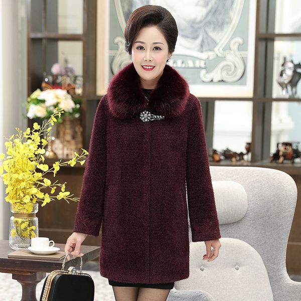 

2021 new false velvet mink elderly ladies'wool coat mid-long single-breasted jacket 5xl e6c6, Black