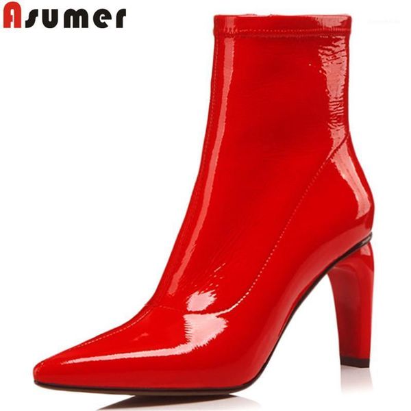 

boots asumer black red fashion women pointed toe zip kid patent leather high heels ladies prom ankle big size 34-401