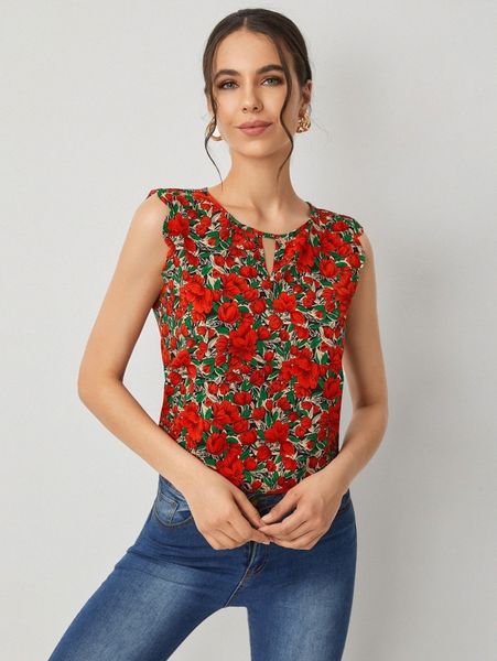 

cactus print ruffle armhole y1ki#, White