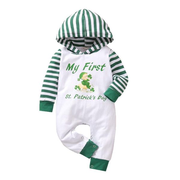 

newborn baby romper baby girls clothes winter long sleeve st.patrick's day patchwork stripe print letter hooded romper jumpsuit, White