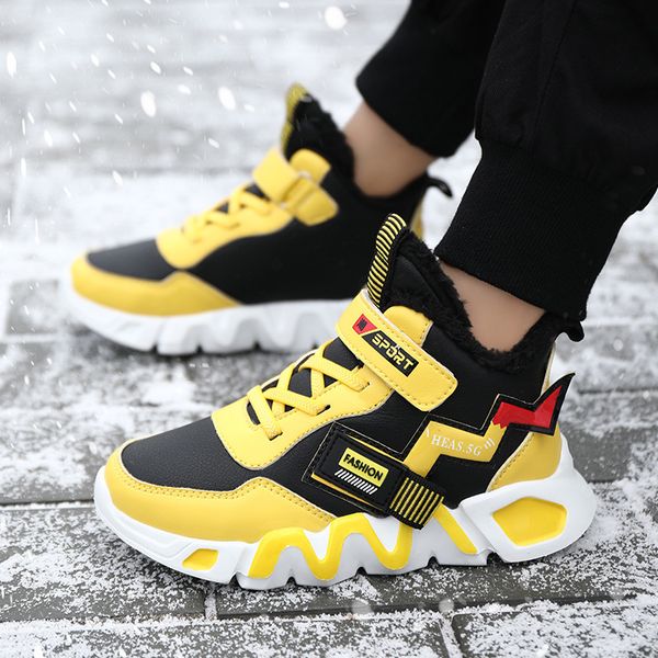 

kids casual for boys shoes girls sneakers winter plush lining warm running trainers footwear fashion leather, Black