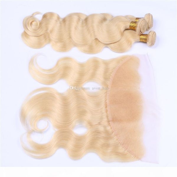 

blench blonde color 613 hair weaves with lace frontal peruvian virgin hair ear to ear frontal with blonde 613 body wave hair 3bundles, Black;brown