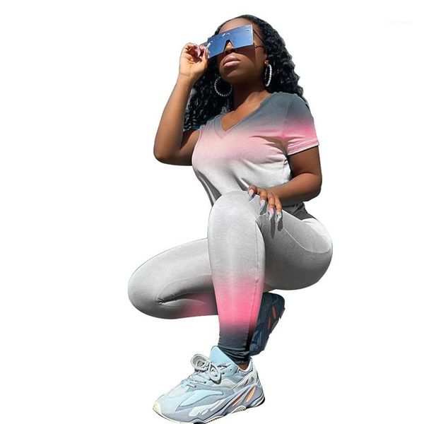 

pants fashion womens sport suit gradient color designer womens tracksuits slim short sleeve crew neck tshirt long, Gray