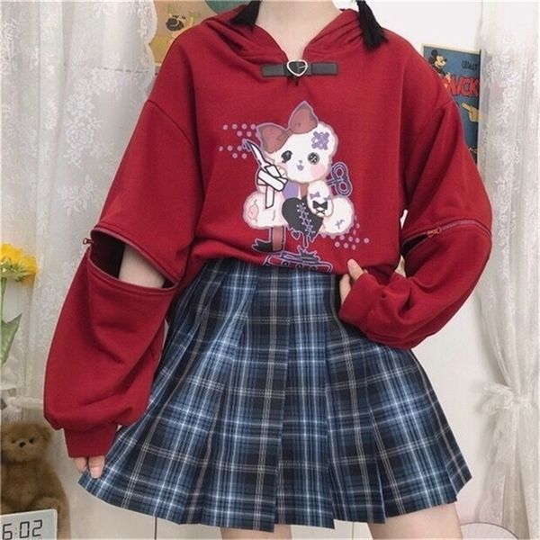 

houzhou kawaii sweatshirt women autumn fashion cotton print women hoodies long sleeve anime hoodie cute plus size loose pullover 201208, Black