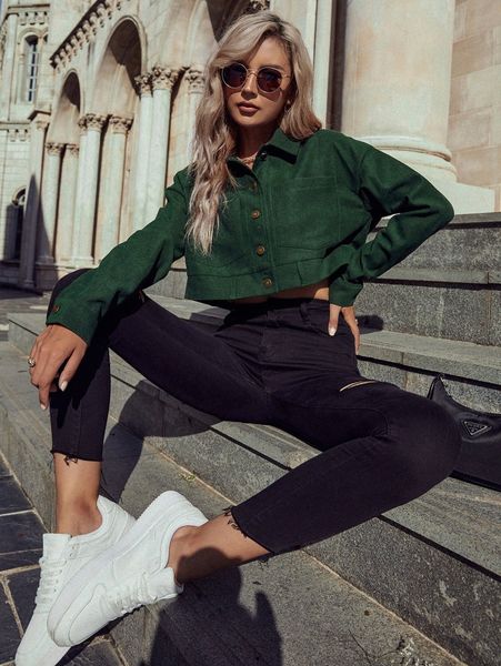 

solid button front crop suede jacket k3ex#, Black;brown