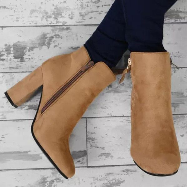 

boots ankle for women high heels zipper ladies shoes autumn winter round toe retro botas mujer big size1, Black
