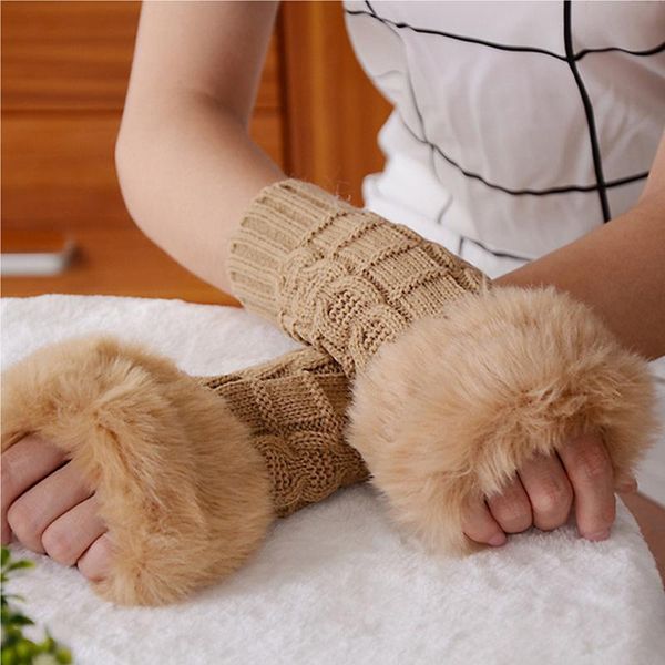 

five fingers gloves fashion winter warm half finger women plush faux fur knitting wool mitten lady girl outdoor cycling fingerless, Blue;gray
