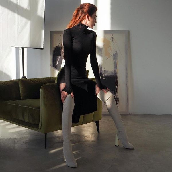 

женщины зимние платья женщины 2021 новые прибытия сексуальный вязаный длинный рукав сплит красный черный твердый сексуальный ночной клуб пла, Black;gray