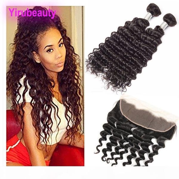

malaysian human hair deep wave 2 bundles with 13x4 lace frontal with baby hair malaysian human hair extensions weaves with closure, Black;brown