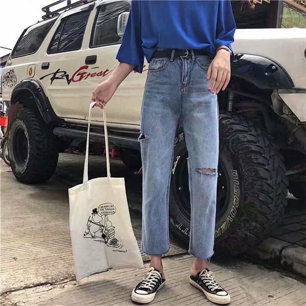 

autumn winter 2020 new fashion trend casual loose all-match ripped denim cropped jeans high-waist straight-leg pants women1, Blue